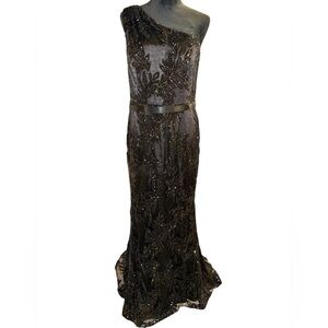 Galina Signature Formal One Shoulder Beaded Appliqué Mermaid Gown, Size 12